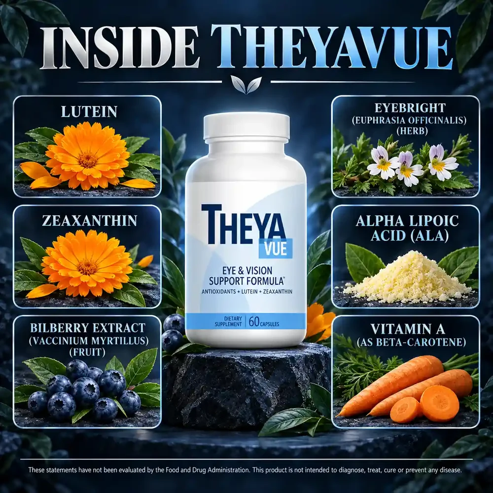 The Inside TheyaVue card, naming six ingredients around the bottle