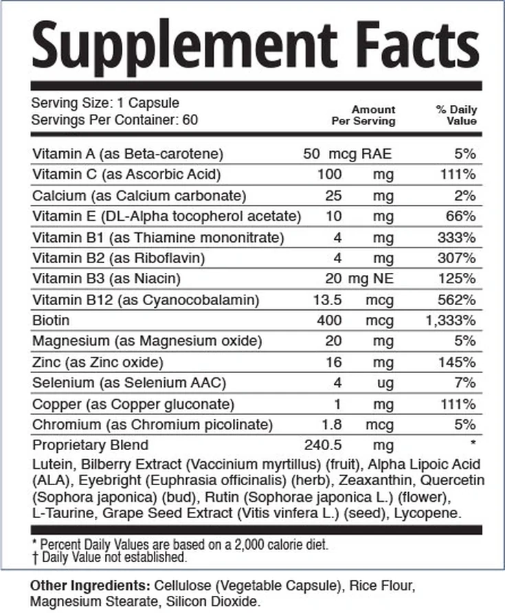 The TheyaVue Supplement Facts panel, photographed